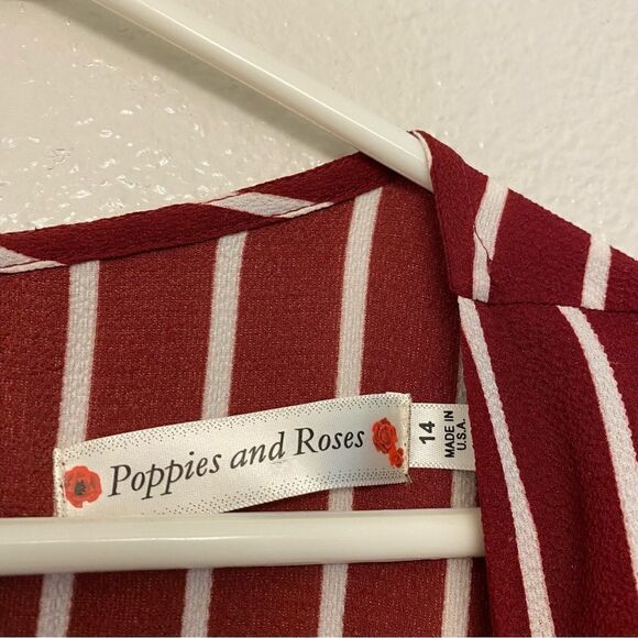 Poppies and Roses red Short Sleeve Maxi Stripe Walk-Through Romper -Girls 14 - Picture 4 of 11